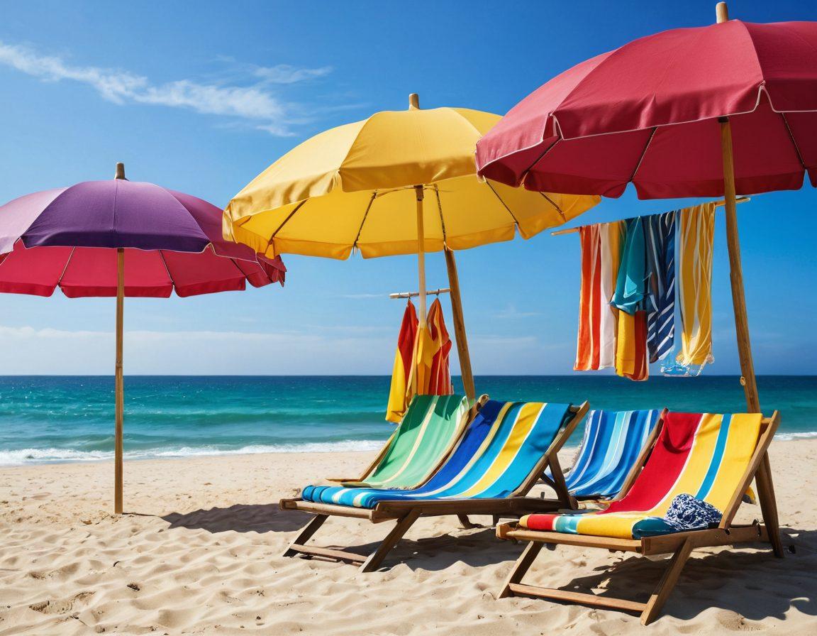 A stylish beach scene featuring a sandy shore with colorful umbrellas and beach towels. Include various chic beachwear essentials like vibrant bikinis, sun hats, and sunglasses displayed elegantly on a wooden rack. Capture the essence of summer with seaside waves gently lapping in the background, and a clear blue sky. The overall atmosphere should evoke fun, relaxation, and a sense of fashion. super-realistic. vibrant colors.